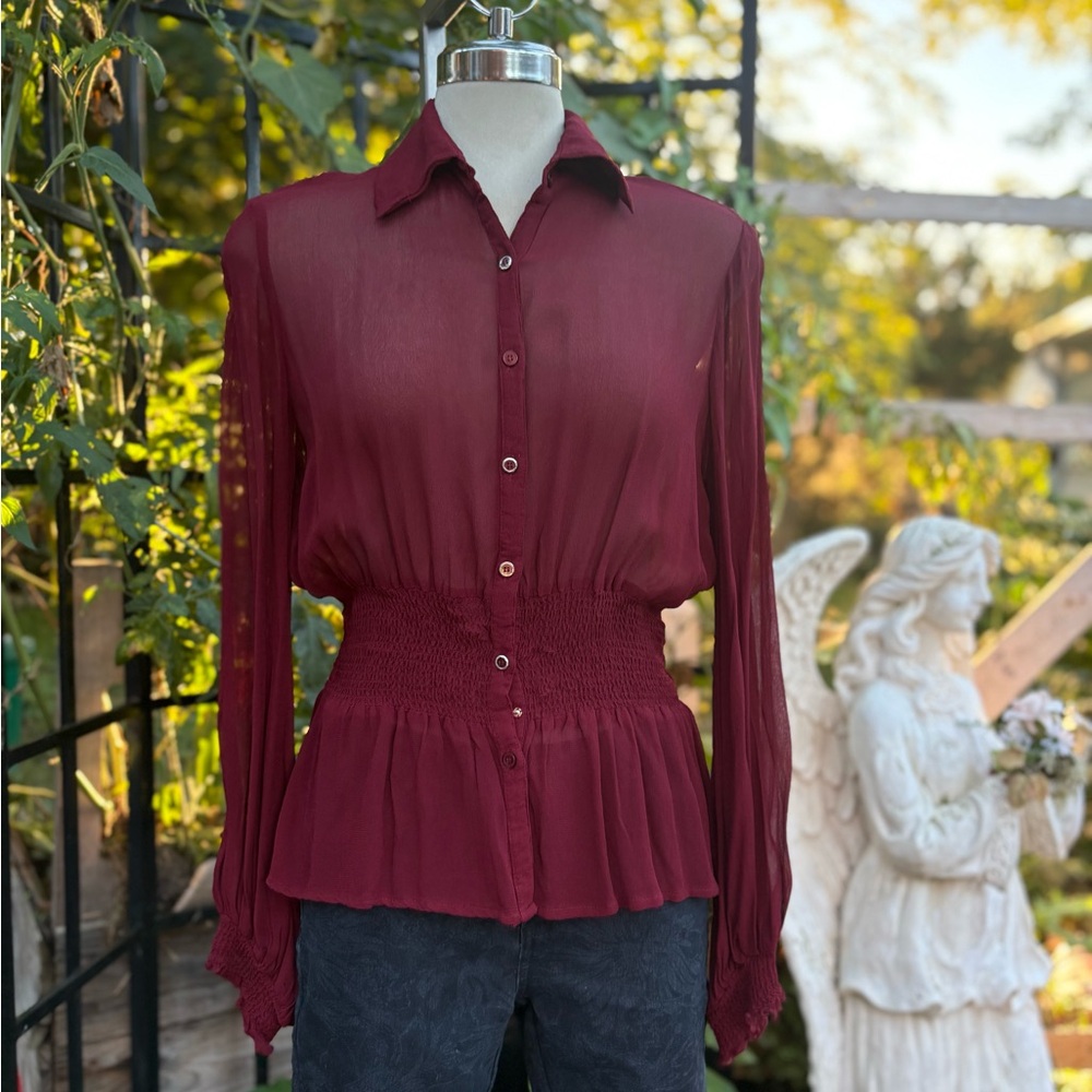 Newport News Burgundy Long Sleeve Semitransparent Blouse Size 8